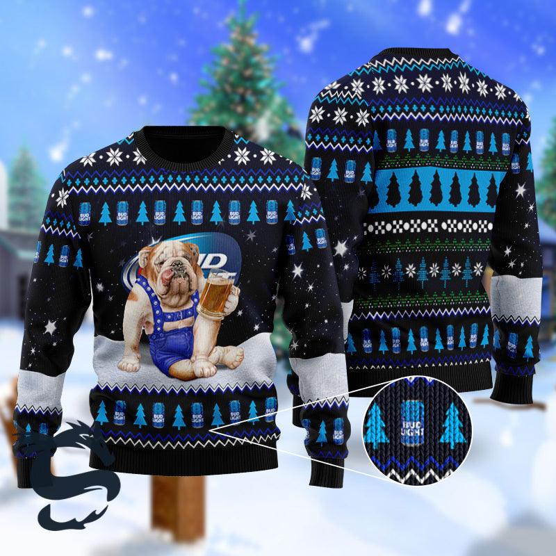 Bulldog Drink Bud Light Beer Christmas Ugly Sweater HU