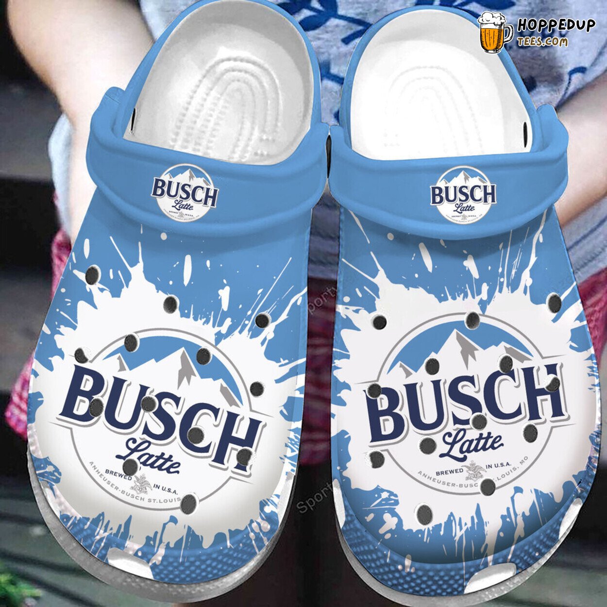 Busch Latte Brewed In USA Blue Clogs Shoes Unique Beverage Inspired Design