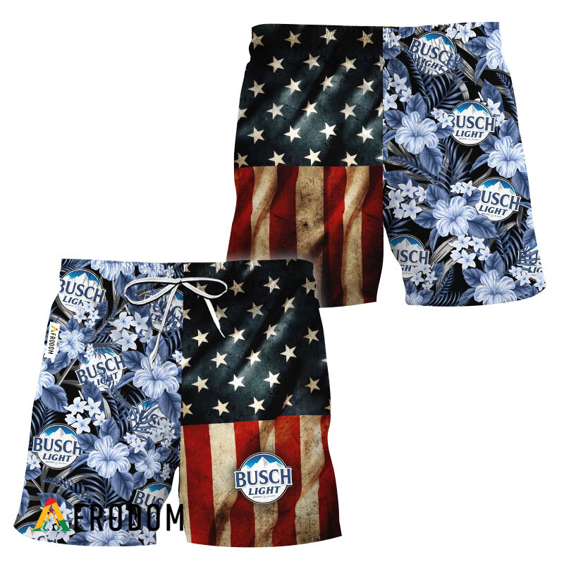 Busch Light American Flag Tropical Flower Hawaiian Shorts HU