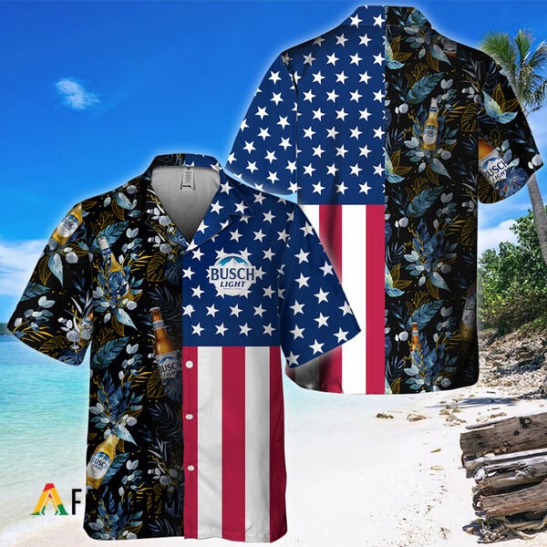 Busch Light Hawaiian Shirt US Flag Tropical Flowers HU