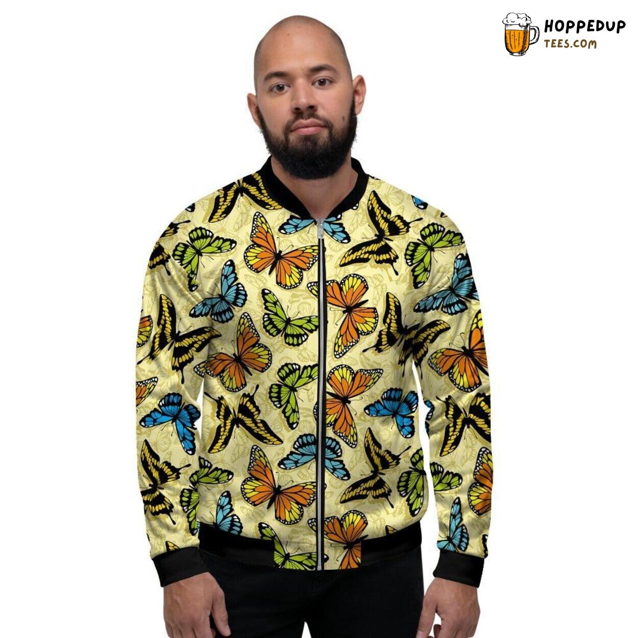 Butterfly Pattern Yellow Print Men’s Bomber Jacket Winged Insect Design Look