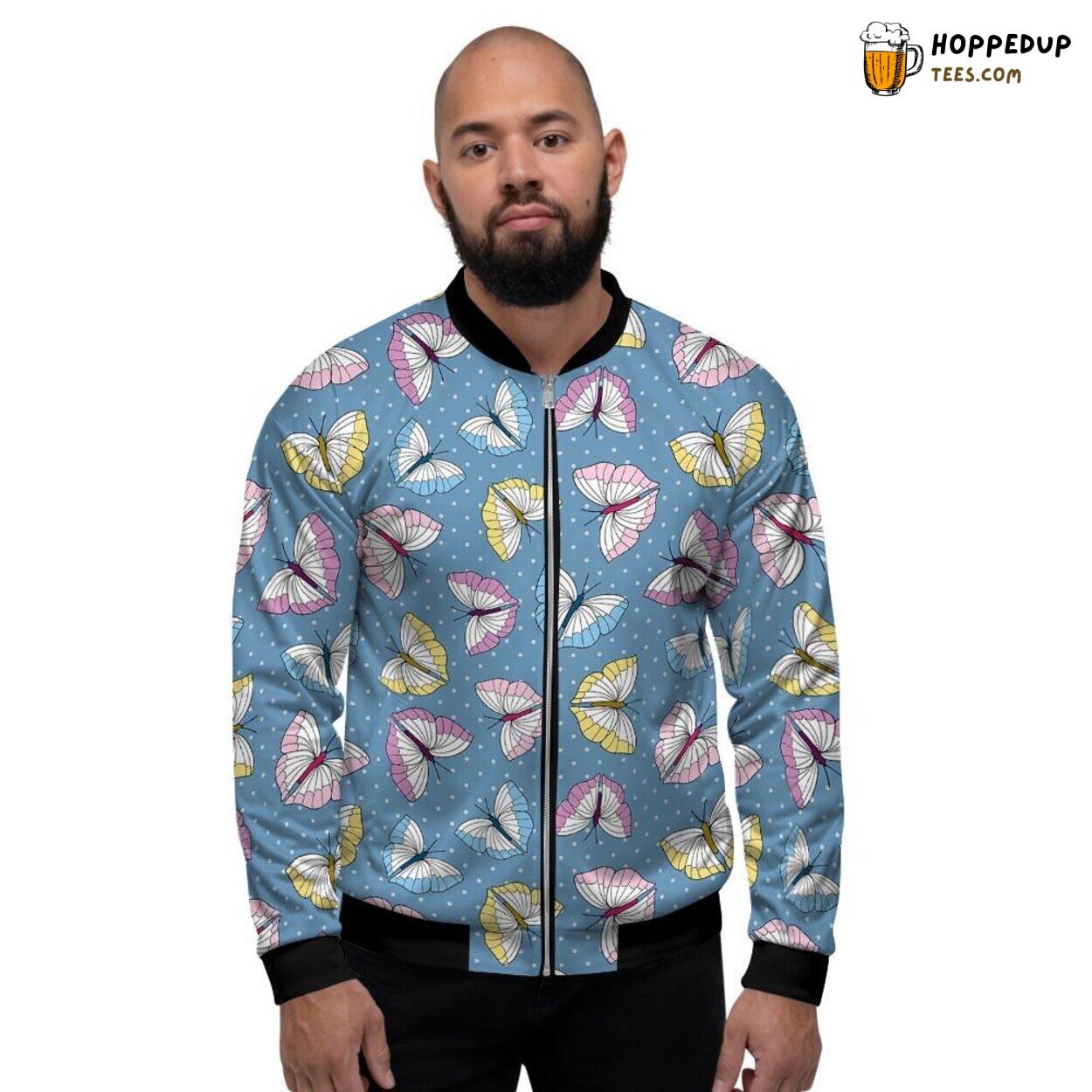 Butterfly Polka Dots Blue Print Men’s Bomber Jacket Nature Pattern Elegance