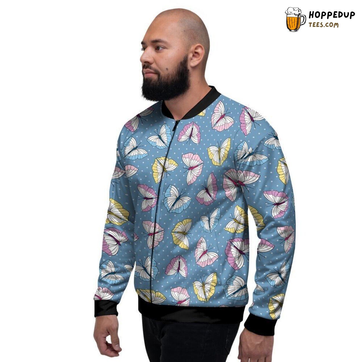 Butterfly Polka Dots Blue Print Men’s Bomber Jacket Nature Pattern Elegance