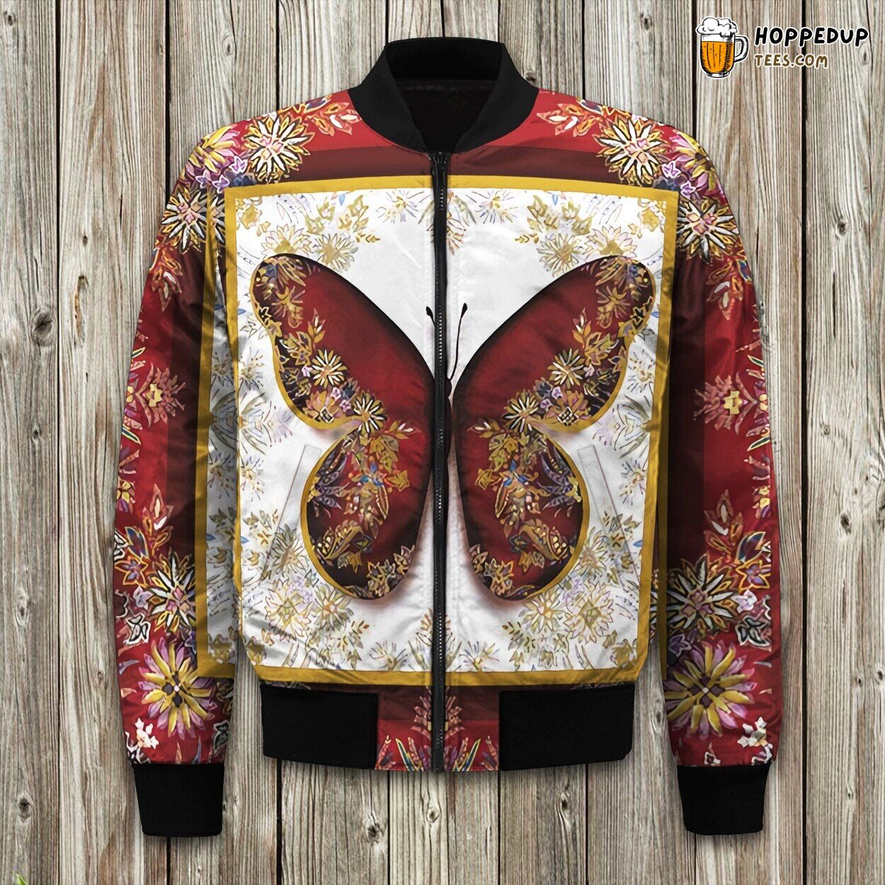 Butterfly Red Flowers Bomber Jacket