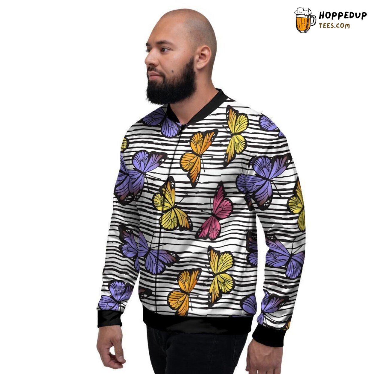 Butterfly Striped Art Print Men’s Bomber Jacket Nature Inspired Design Fashion