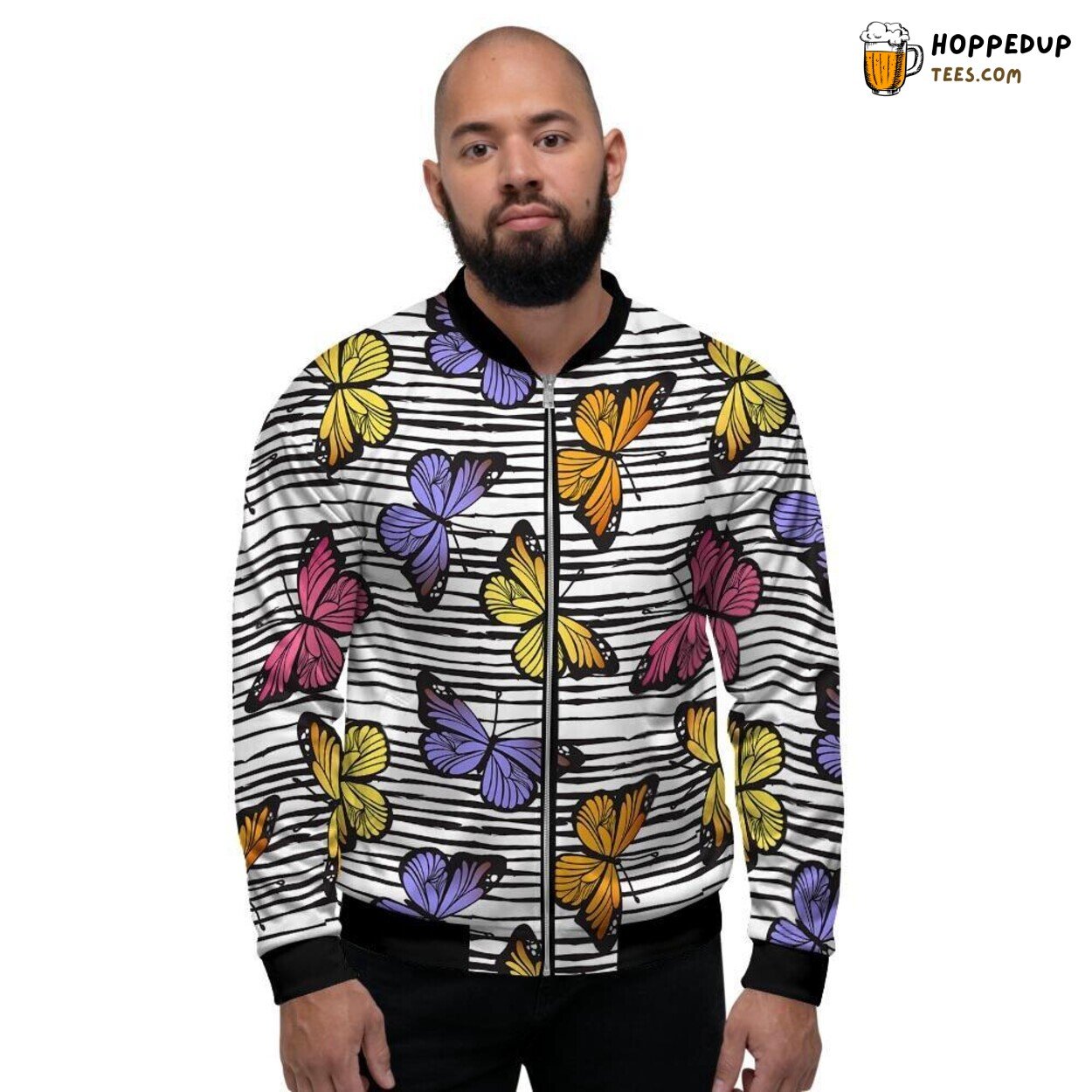 Butterfly Striped Art Print Men’s Bomber Jacket Nature Inspired Design Fashion