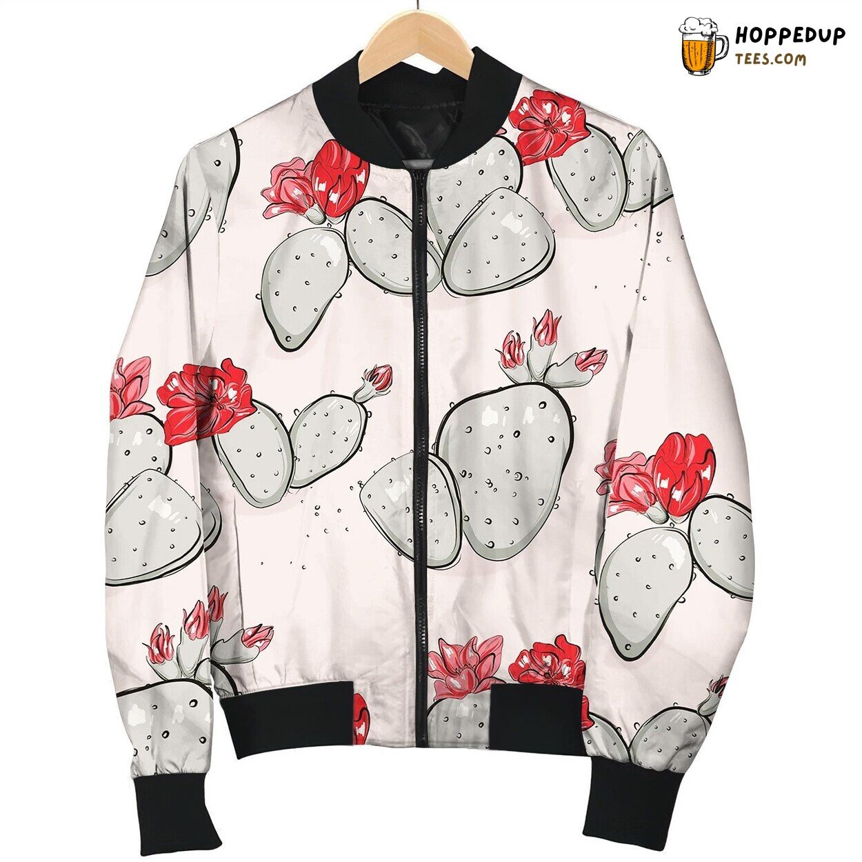 Cactus Bloom Red Pink Summer Pattern Hand Drawn Bomber Jacket