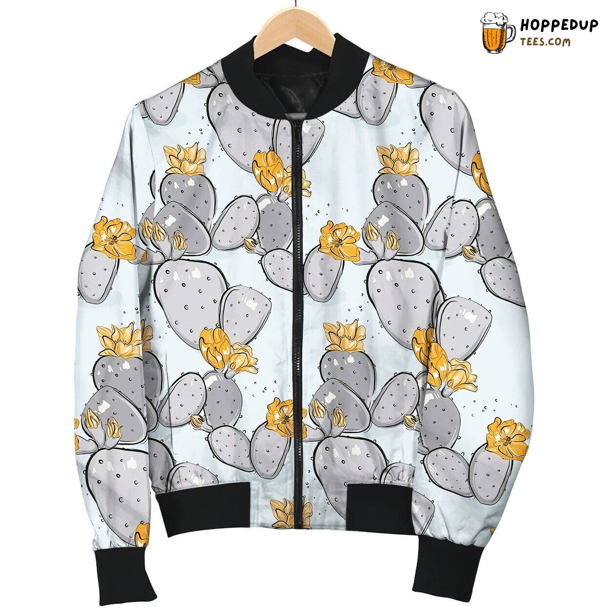 Cactus Bloom Yellow Blue Summer Pattern Bomber Jacket