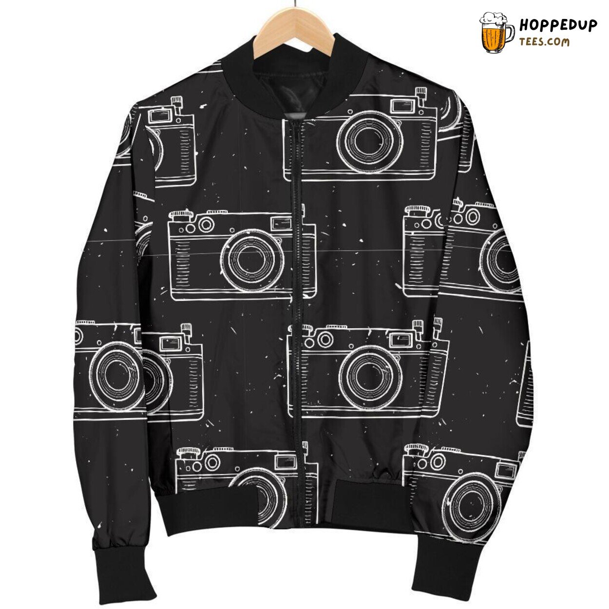Camera in Elegant Black Men’s Bomber Jacket Unique Pattern Design Tribute Camera in Elegant Black Men’s Bomber Jacket Unique Pattern Design Tribute