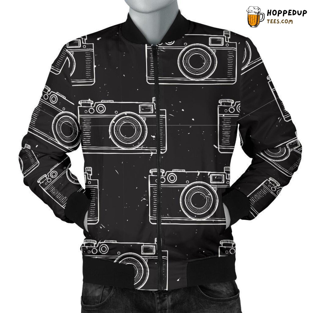 Camera in Elegant Black Men’s Bomber Jacket Unique Pattern Design Tribute