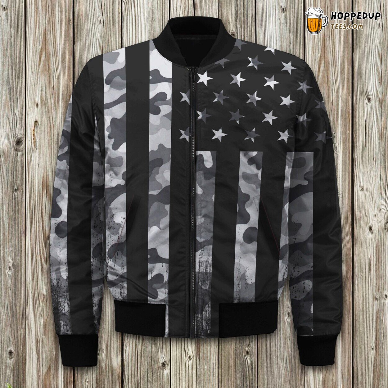 Camo Pattern Grey Bomber Jacket American Flag Winter Theme Coat