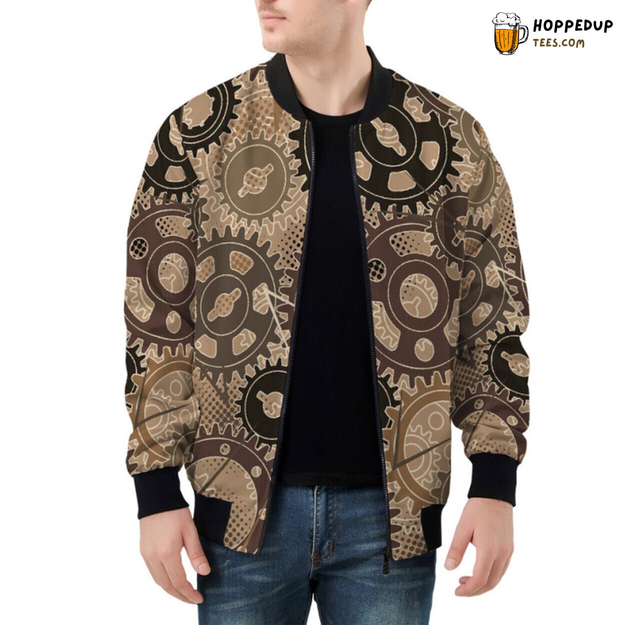 Camouflage Bomber Jacket Enhanced by Gears in Steampunk Style