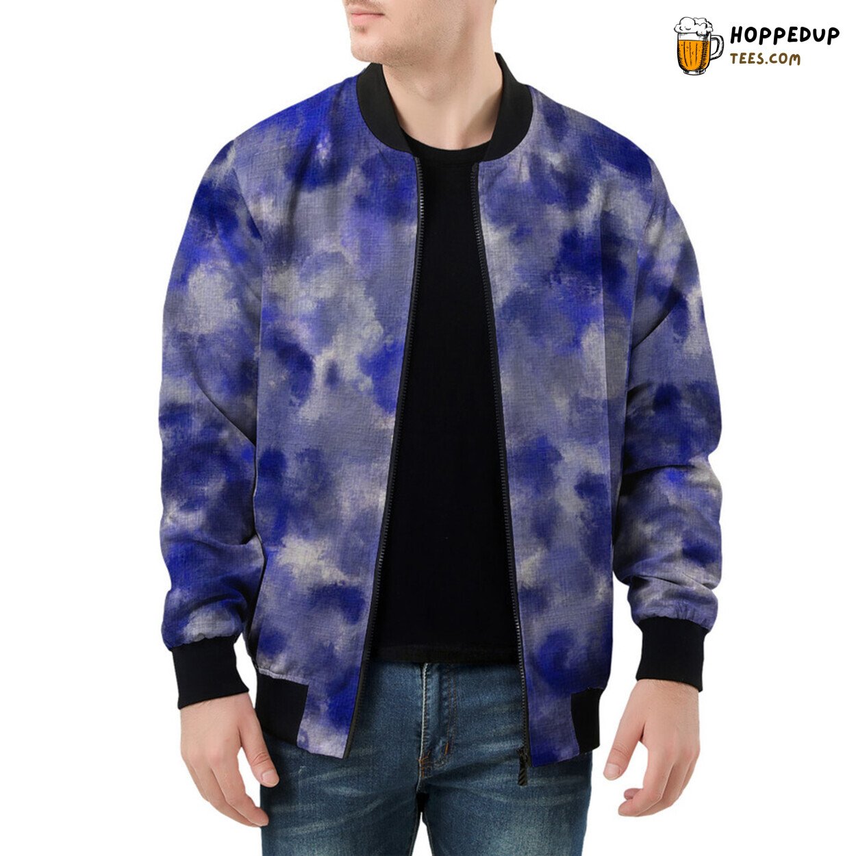 Camouflage Design in Shades of Blue Adorns Men’s Bomber Jacket