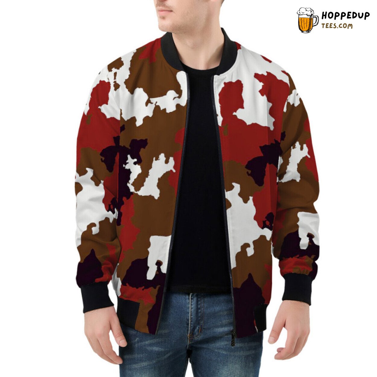 Camouflage in Red Brown Tones Elegantly on a Bomber Jacket