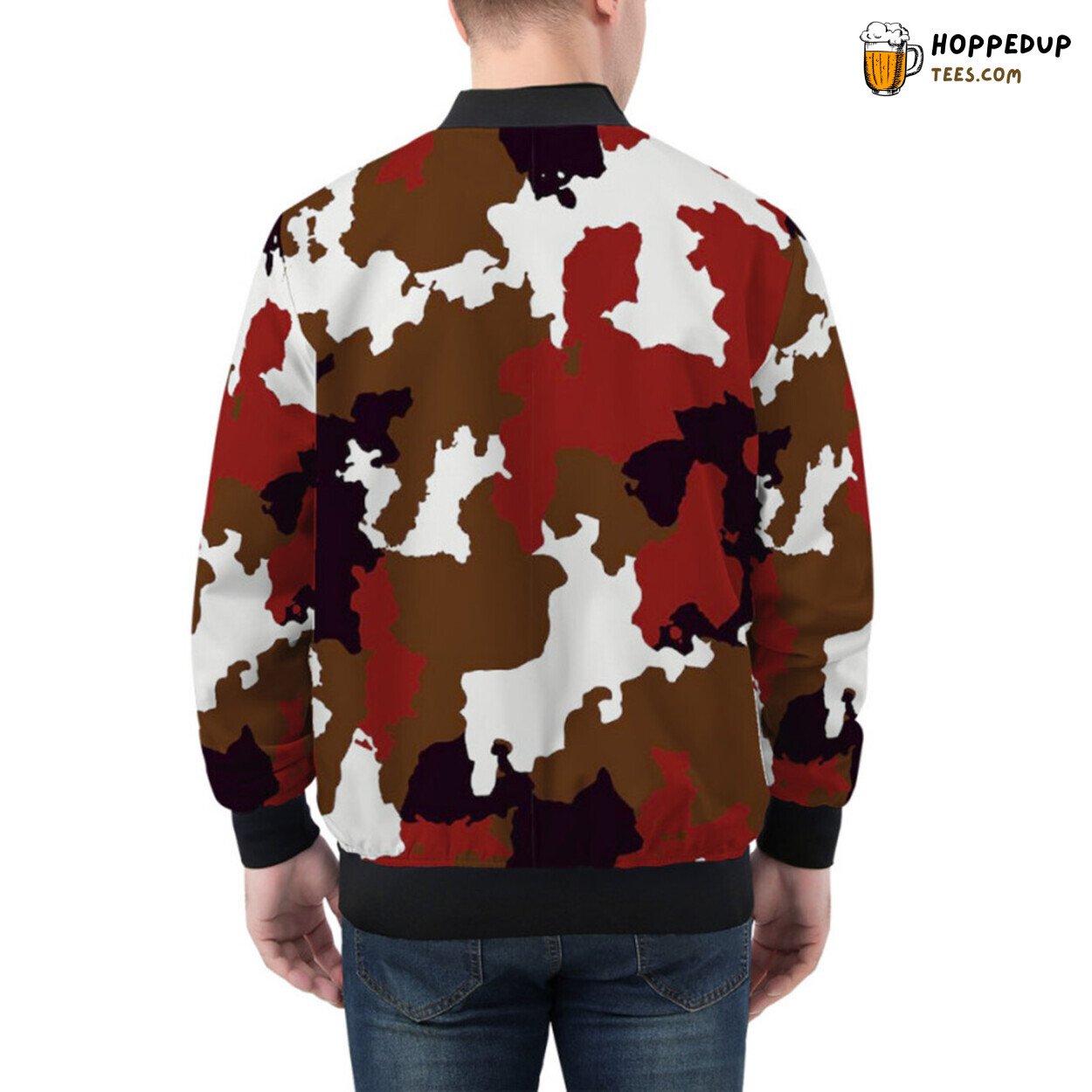 Camouflage in Red Brown Tones Elegantly on a Bomber Jacket