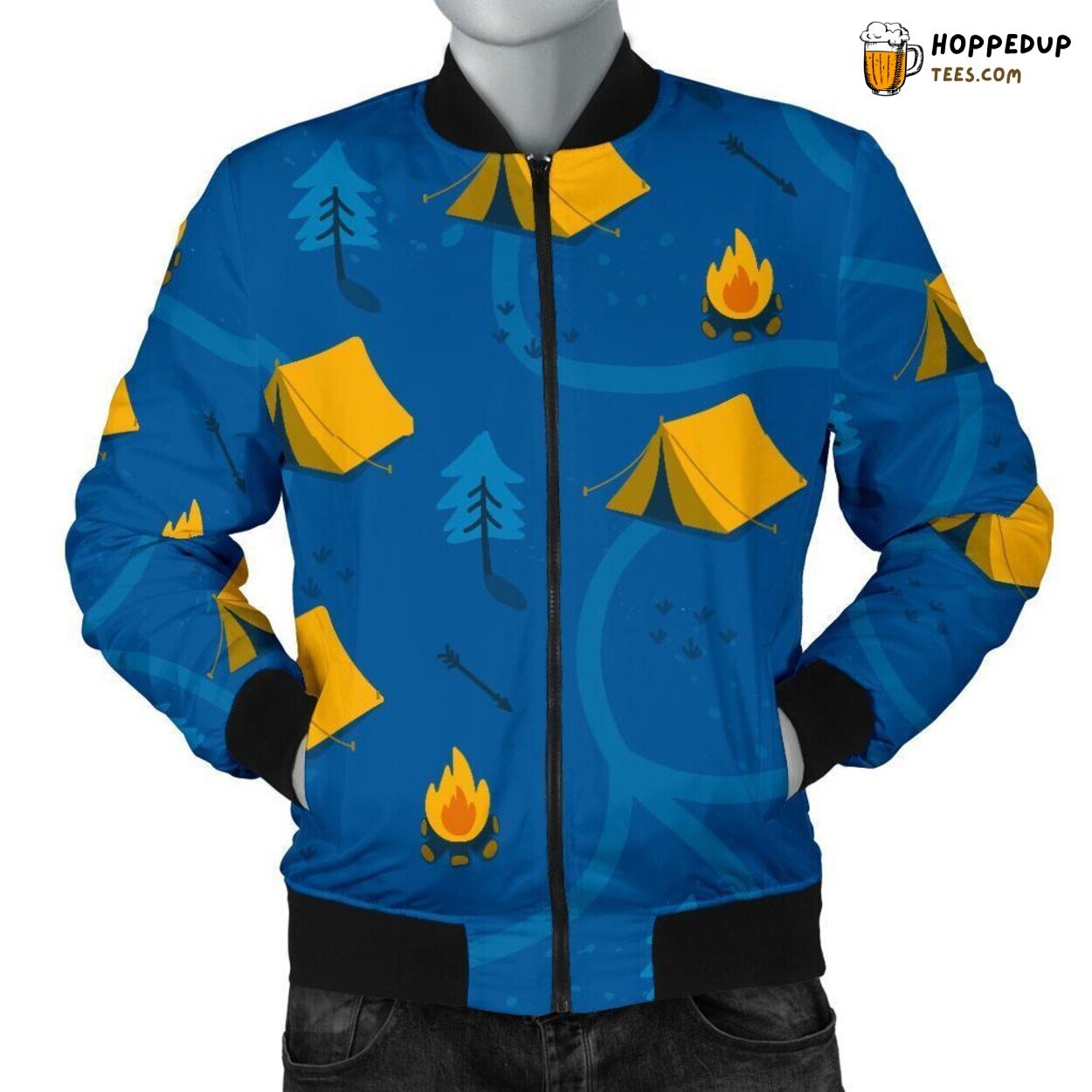 Camper’s Outdoor Adventure Men’s Bomber Jacket Nature Escape Design Display