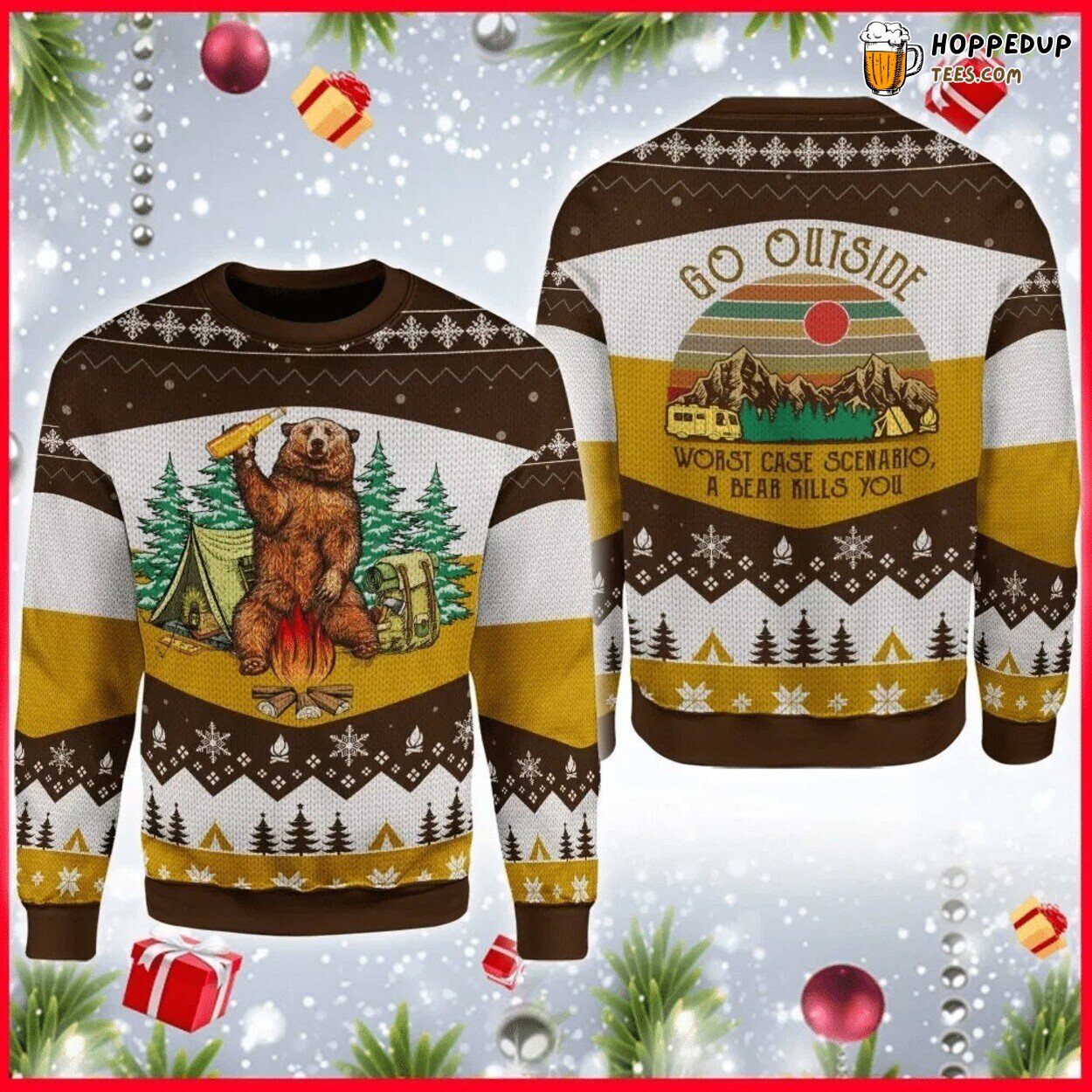 Camping Bear with Beer Vintage Ugly Christmas Sweater Knitted Style