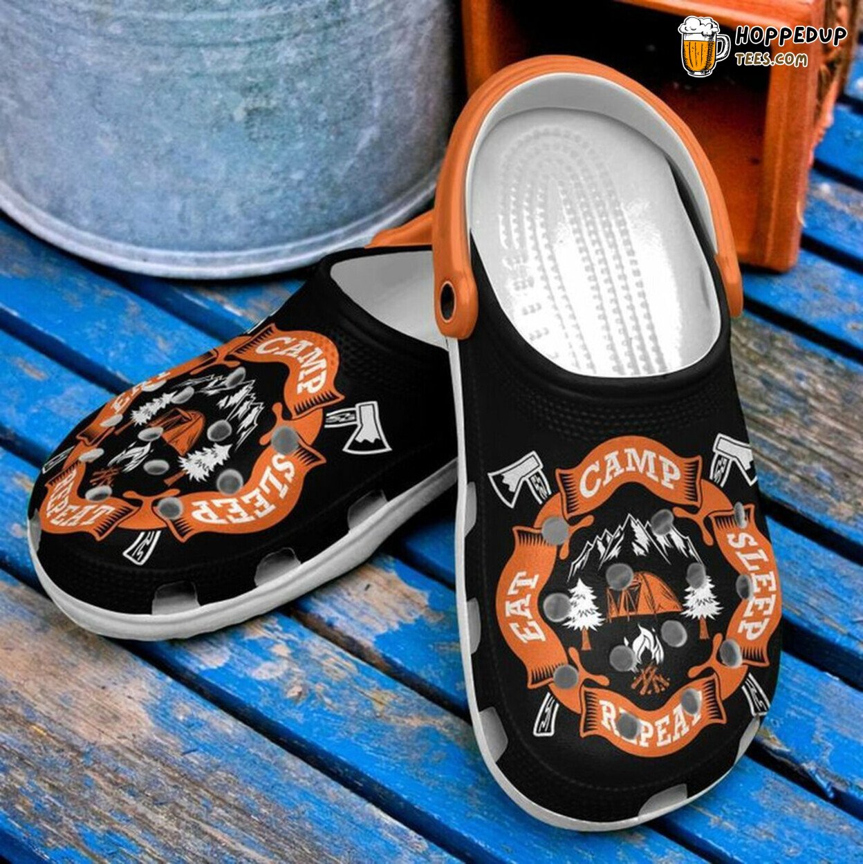 Camping Eat Camp Sleep Repeat Themed Rubber Clog Shoes Comfy Outdoor Wear