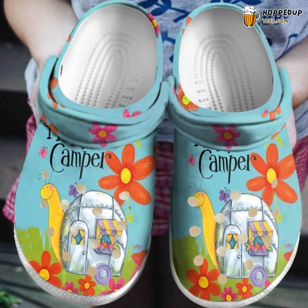 Camping Snail Happy Camper Theme Fun Unique Clog Shoes Design