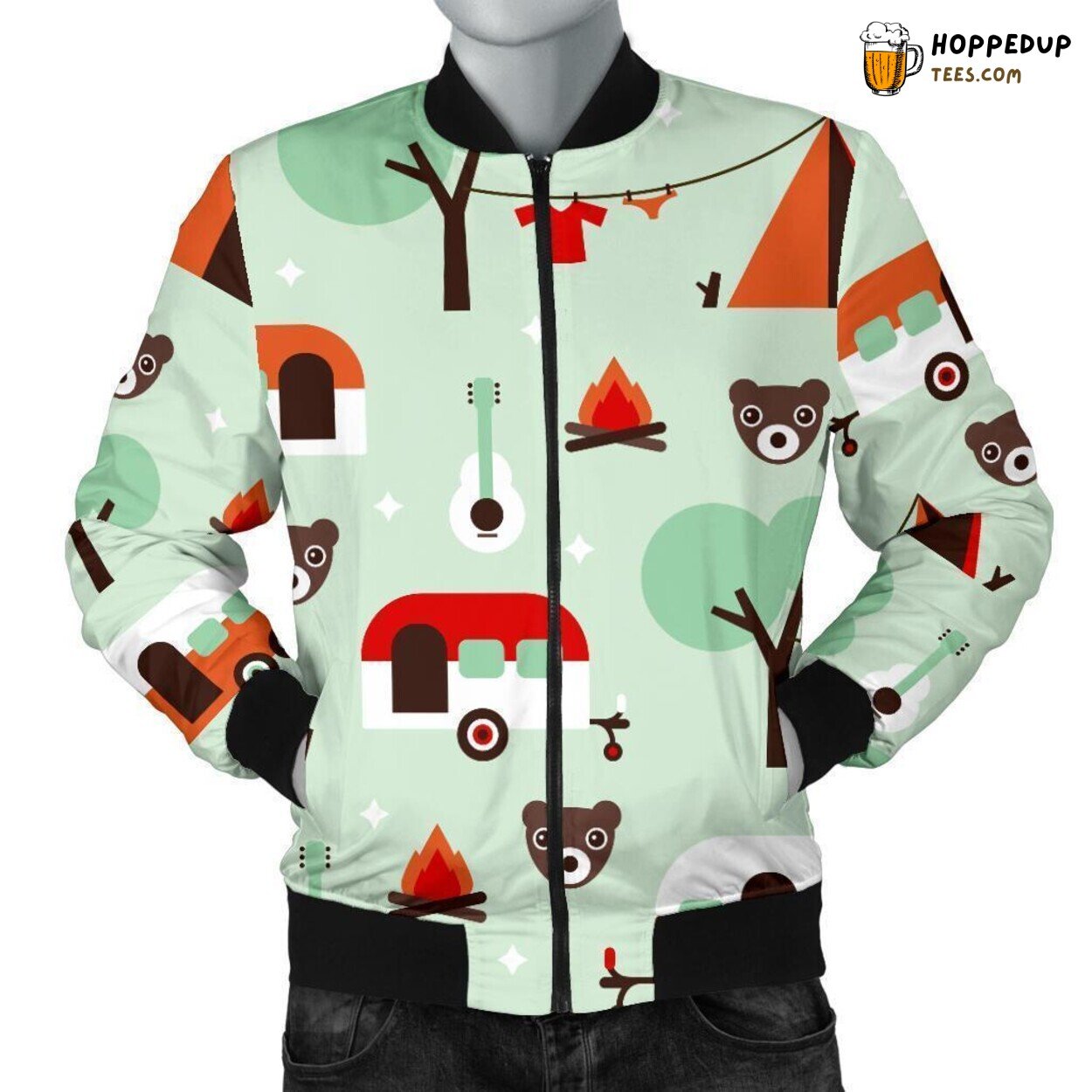 Campsite Tribute Men’s Bomber Jacket Showcasing Unique Pattern Essence Art