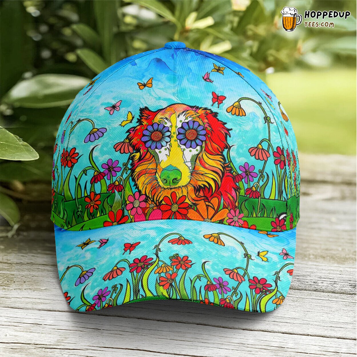 Canine Art Australian Shepherd Flowers Butterfly Unique Baseball Cap