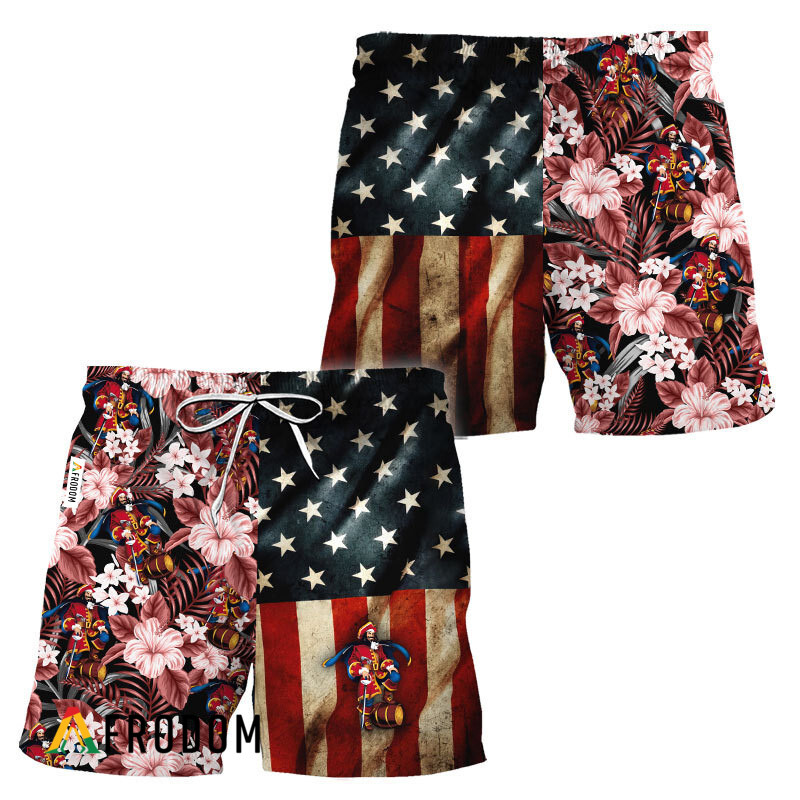 Captain Morgan American Flag Tropical Flower Hawaiian Shorts HU
