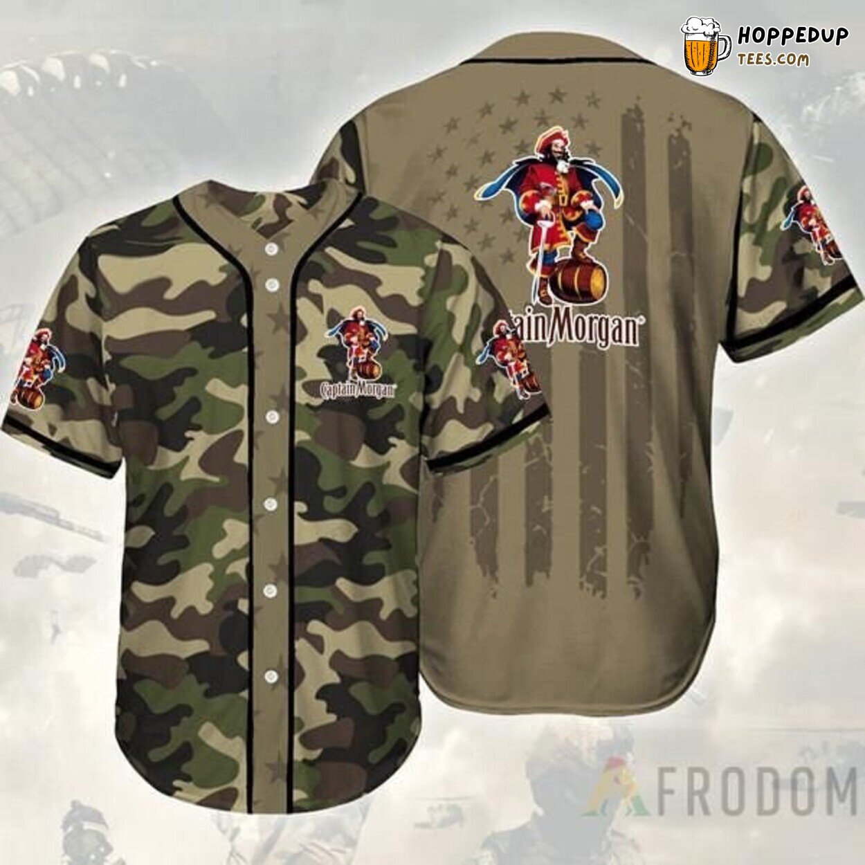 Captain Morgan Camouflage Pattern Green Brown Baseball Jersey Top