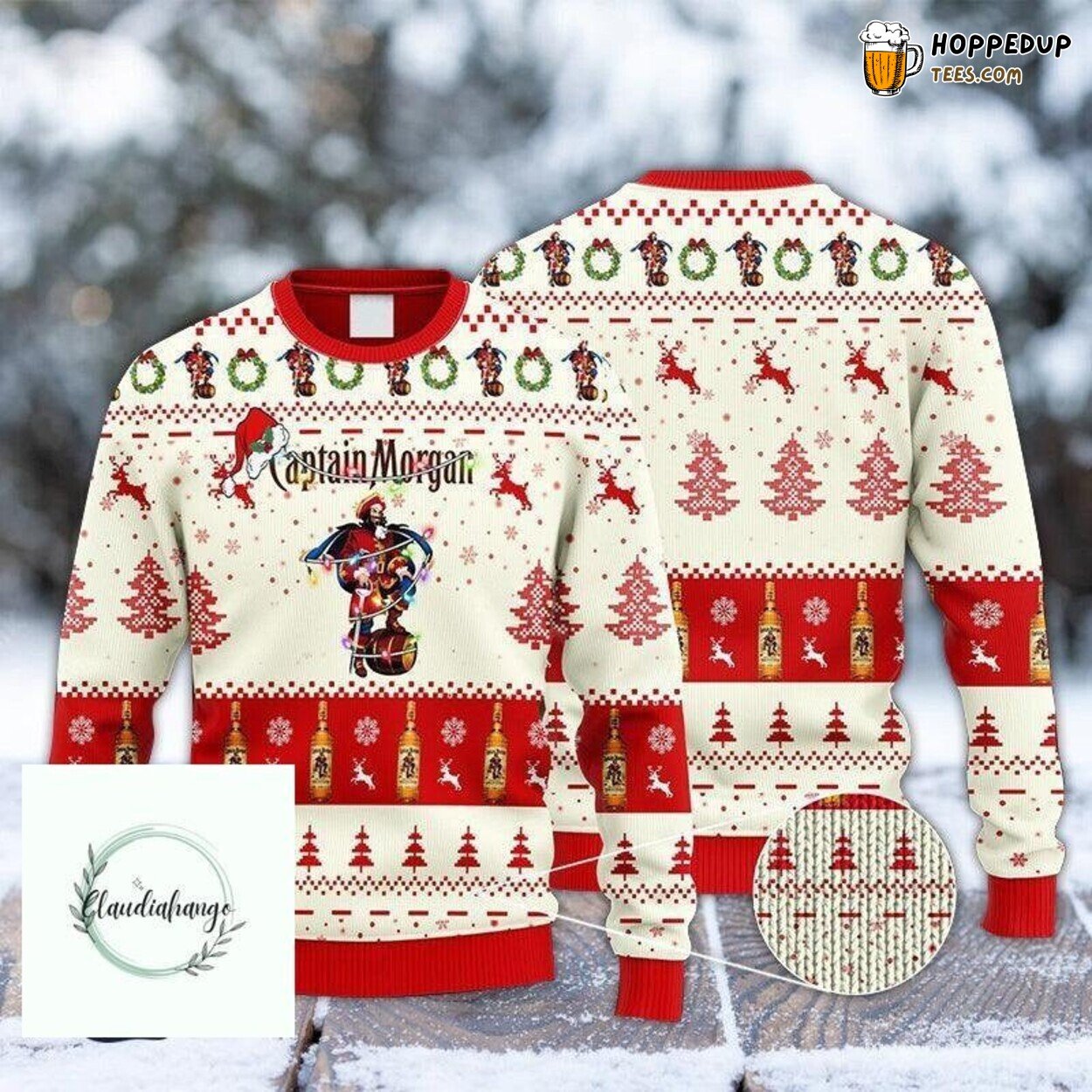 Captain Morgan Christmas Reindeer Snowy Night Festive Ugly Sweater
