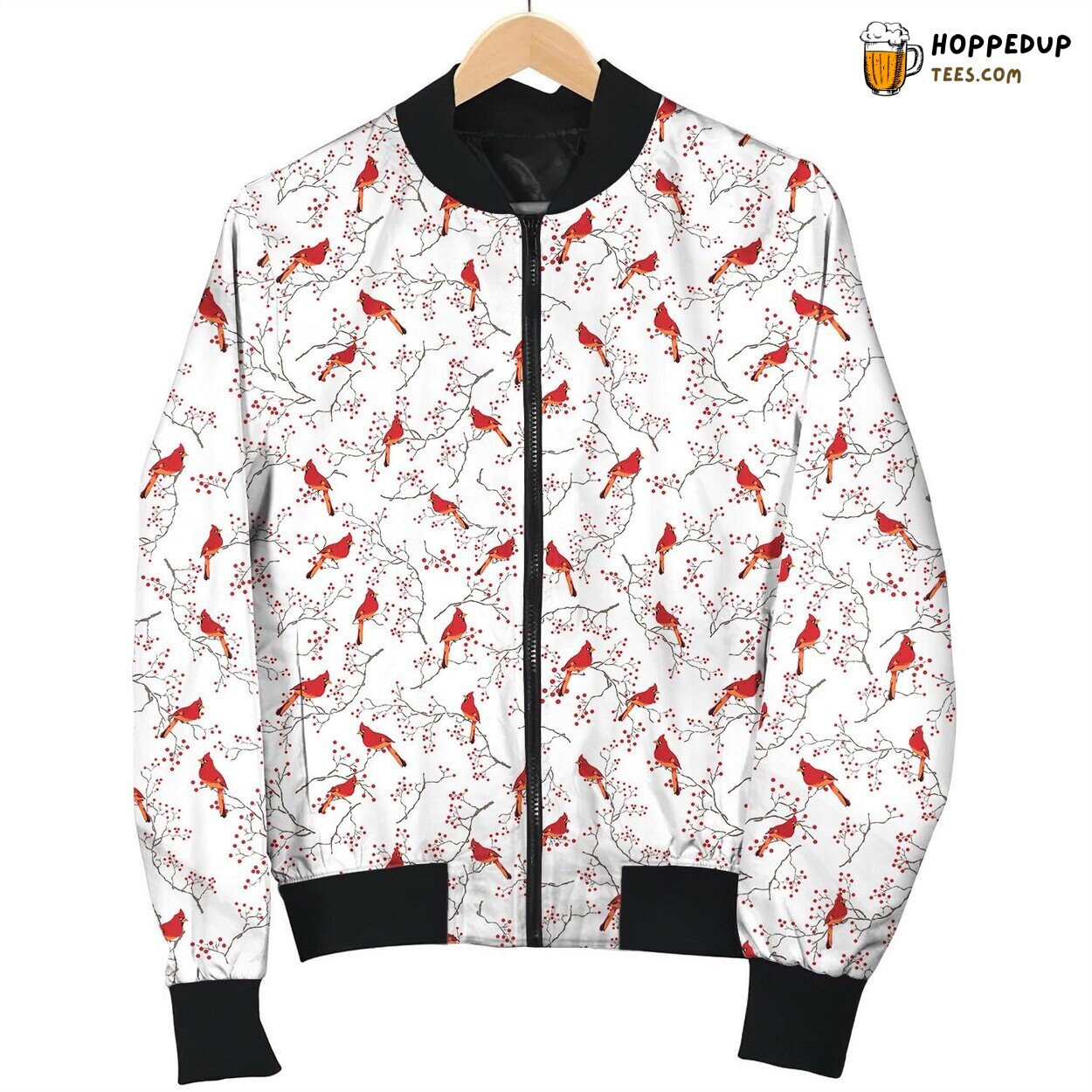 Cardinal Amidst Florals Bomber Jacket Winter’s Birdsong in Blooming Elegance