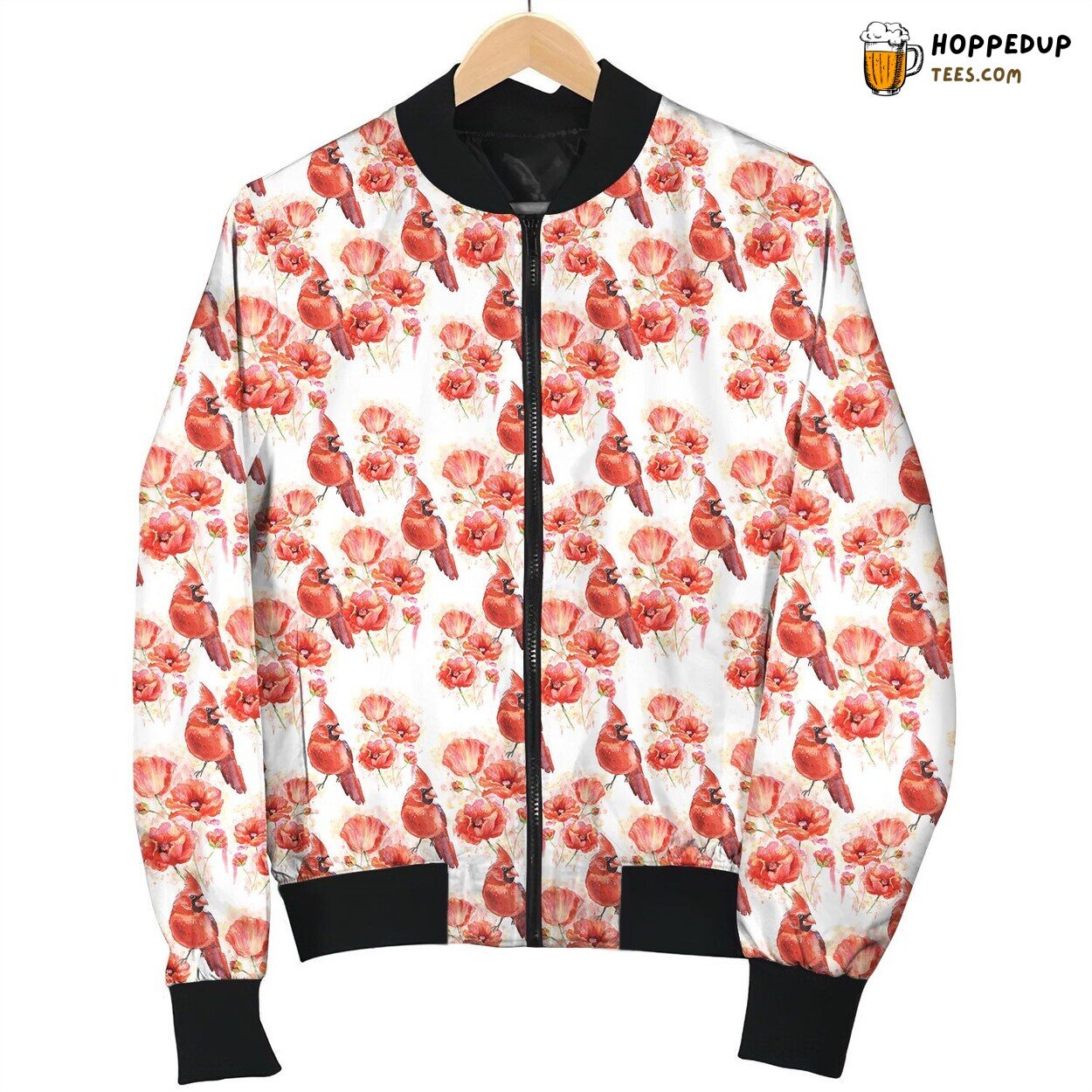 Cardinal And Poppy Flower Bomber Jacket