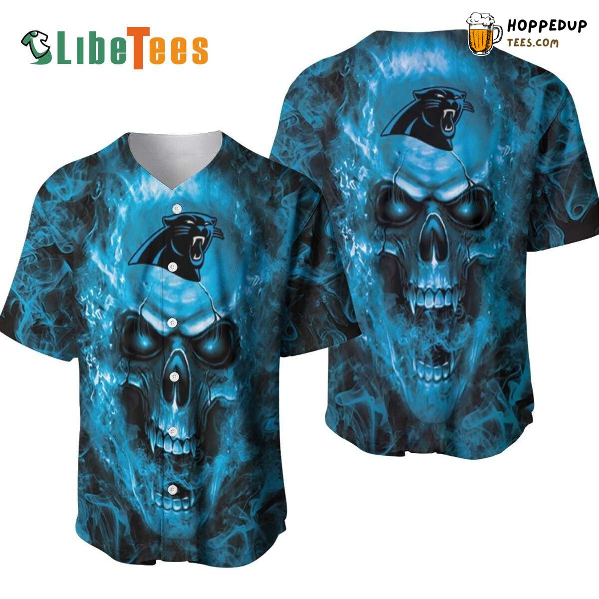Carolina Panthers Blue Skull Flame Graphic Baseball Jersey