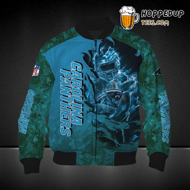 Carolina Panthers NFL Blue Camo Print Fan Bomber Jacket Trim