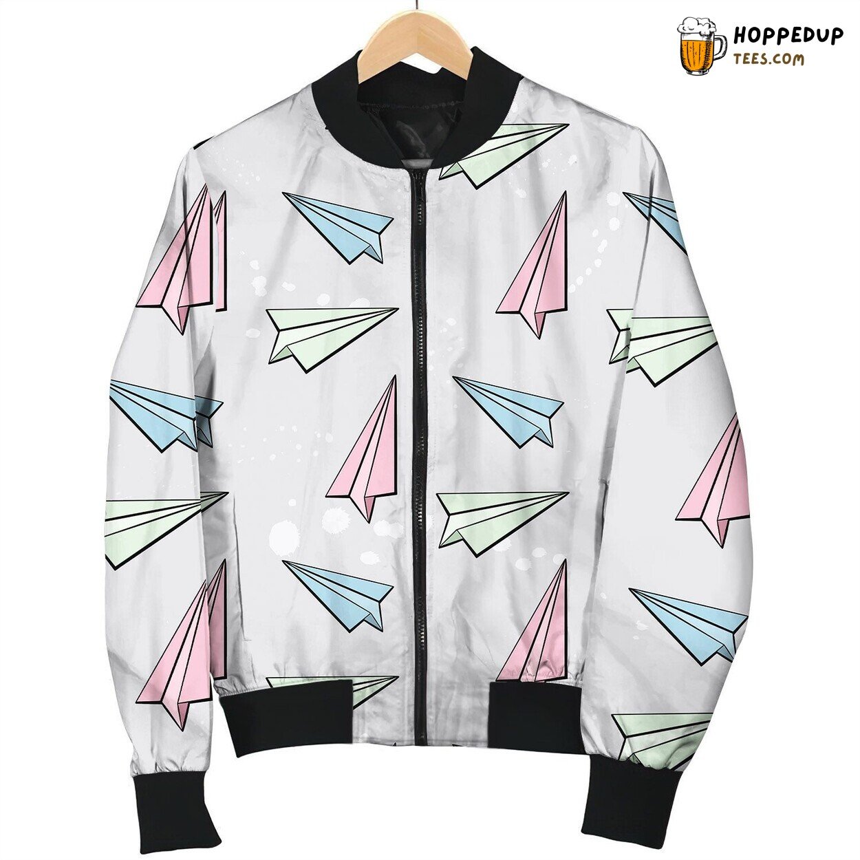 Cartoon Colorful Paper Plan On Gray Bomber Jacket