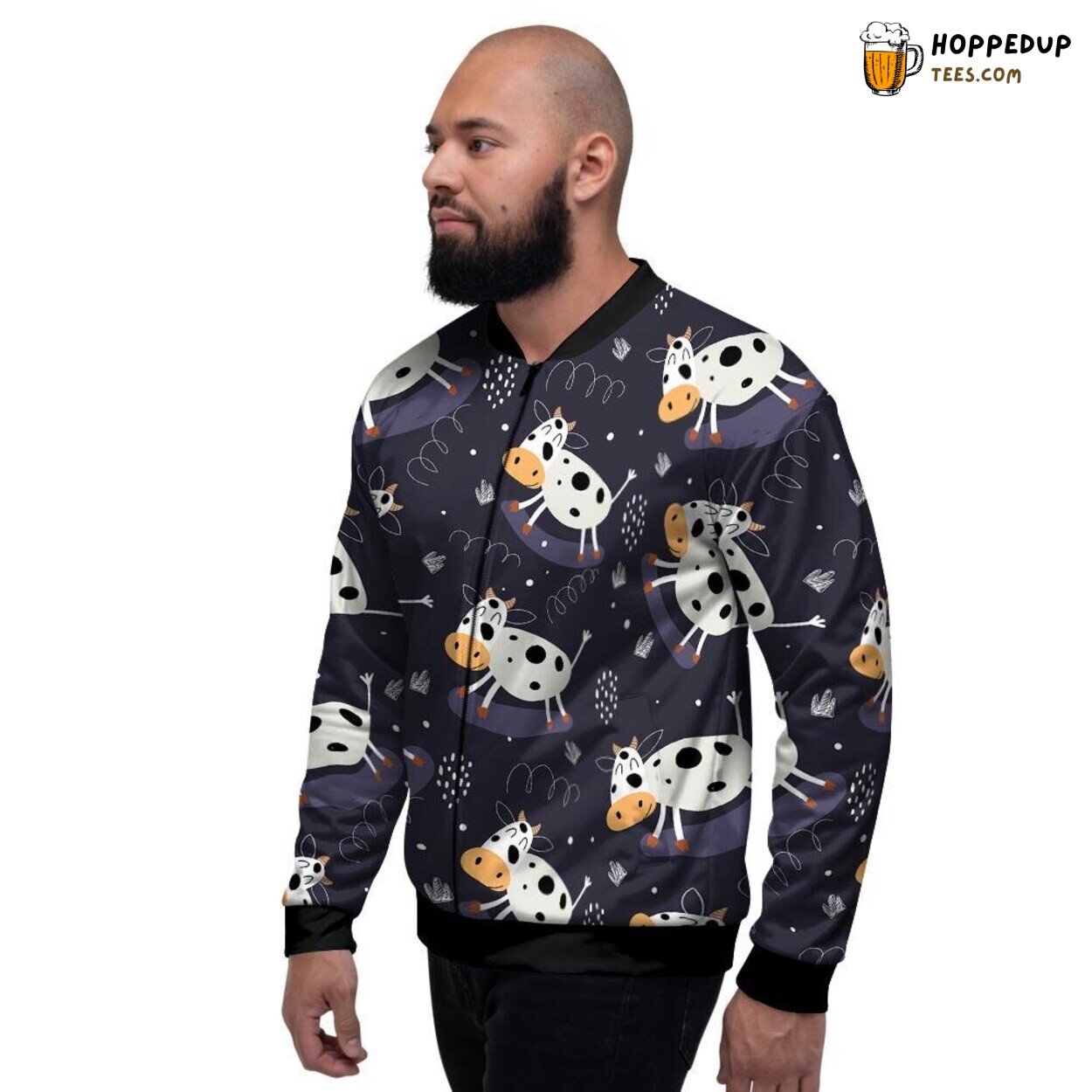 Cartoon Cow Black Artistic Print Men’s Bomber Jacket Farm Animal Fun Display