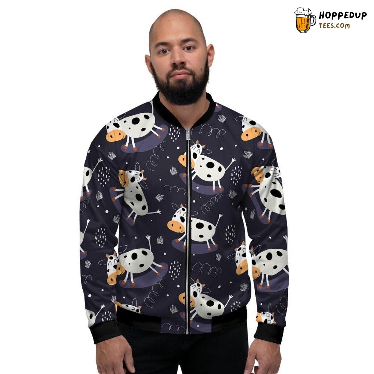 Cartoon Cow Black Artistic Print Men’s Bomber Jacket Farm Animal Fun Display