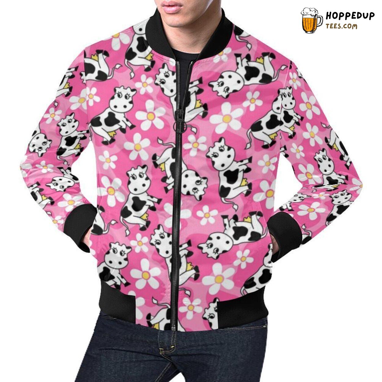 Cartoon Cow Pink Pattern Men’s Bomber Jacket Unique Designer Edition Print