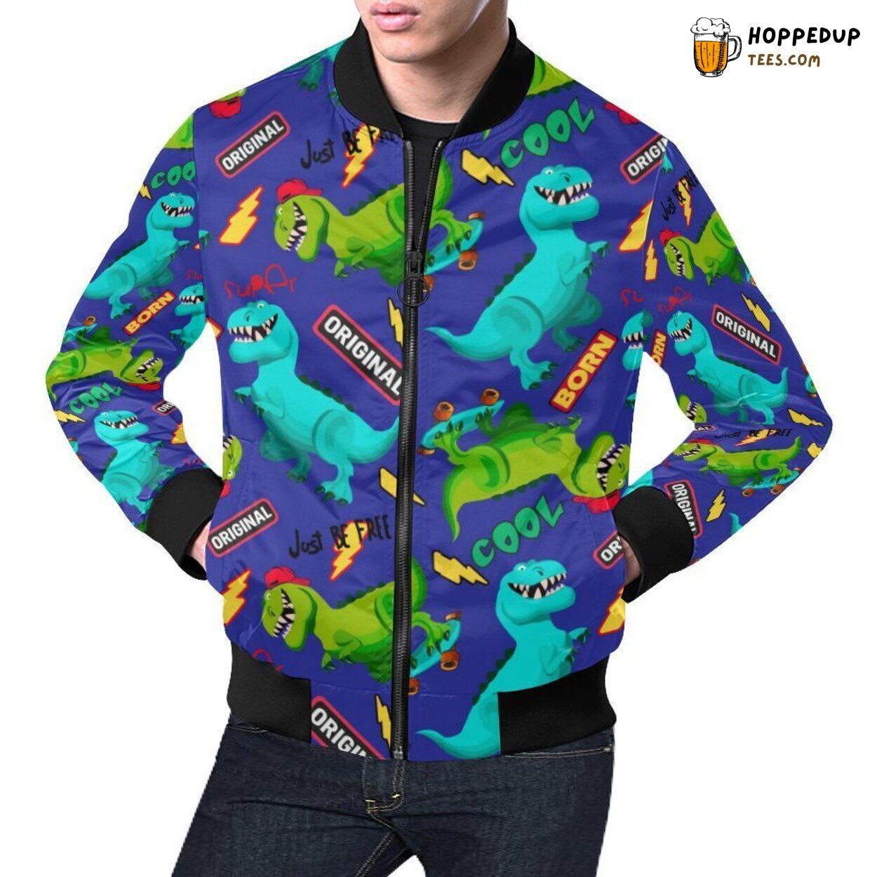 Cartoon Dino Dinosaur Pattern Men’s Bomber Jacket Unique Design Look