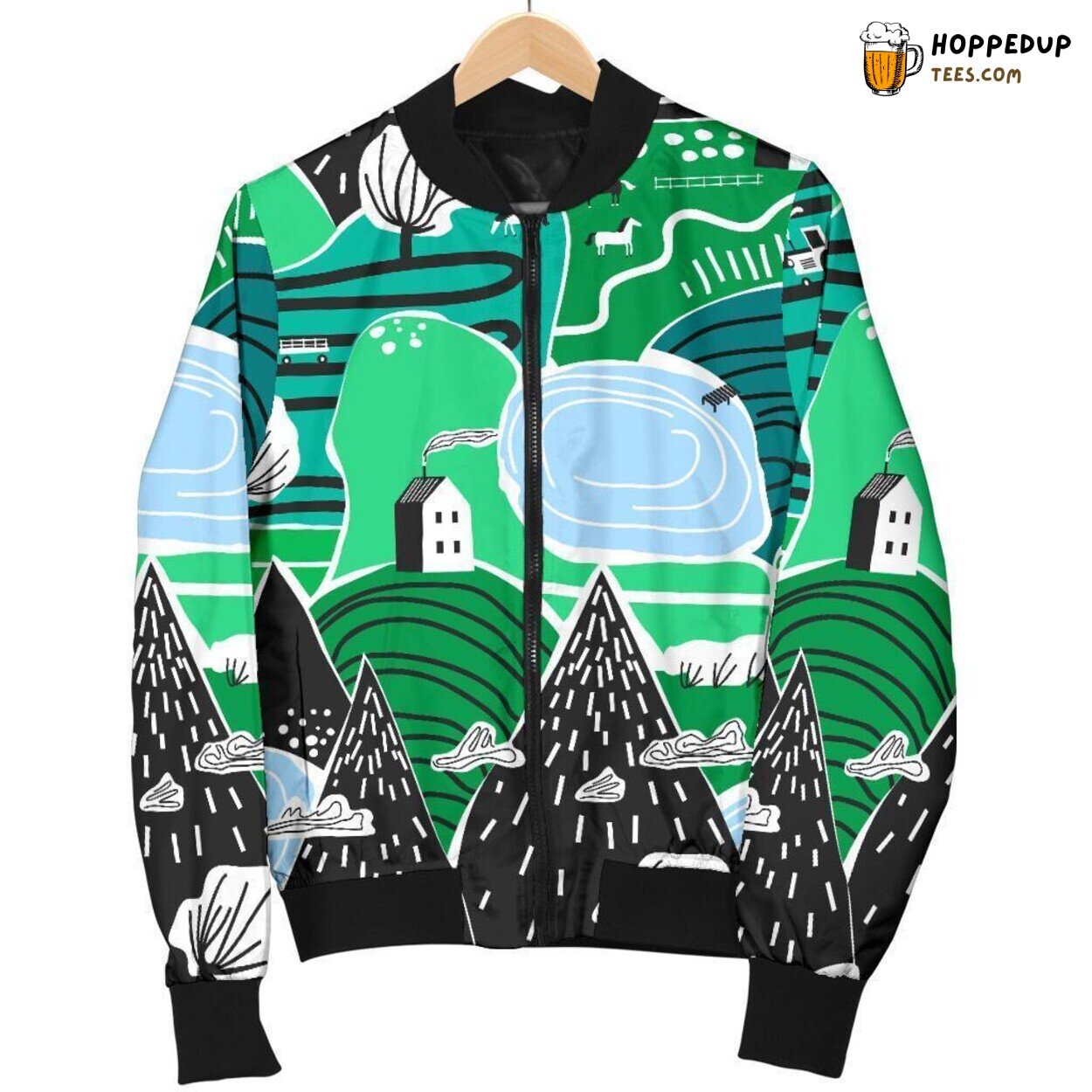 Cartoon Mountain Adventure Men’s Bomber Jacket Distinct Pattern Showcase