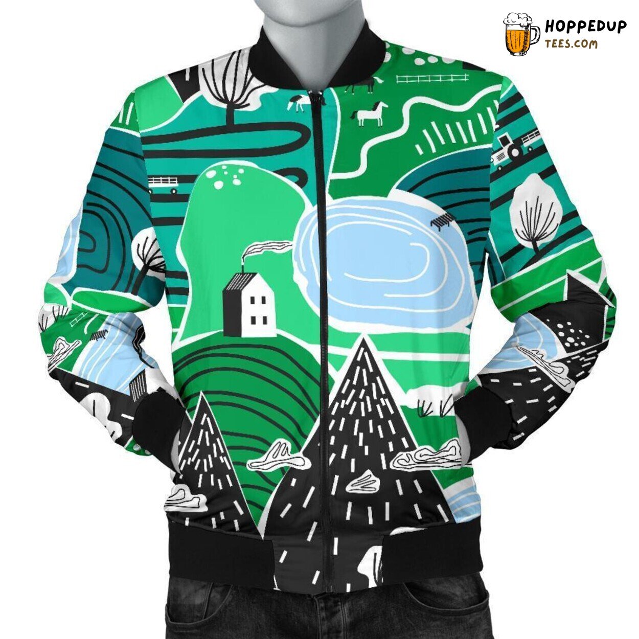 Cartoon Mountain Adventure Men’s Bomber Jacket Distinct Pattern Showcase