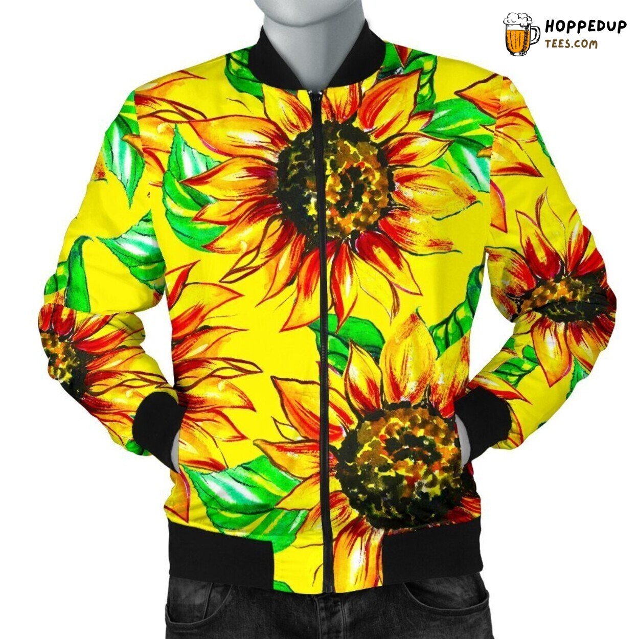 Cartoon Sunflower Brightness Men’s Bomber Jacket Floral Artistic Design Display