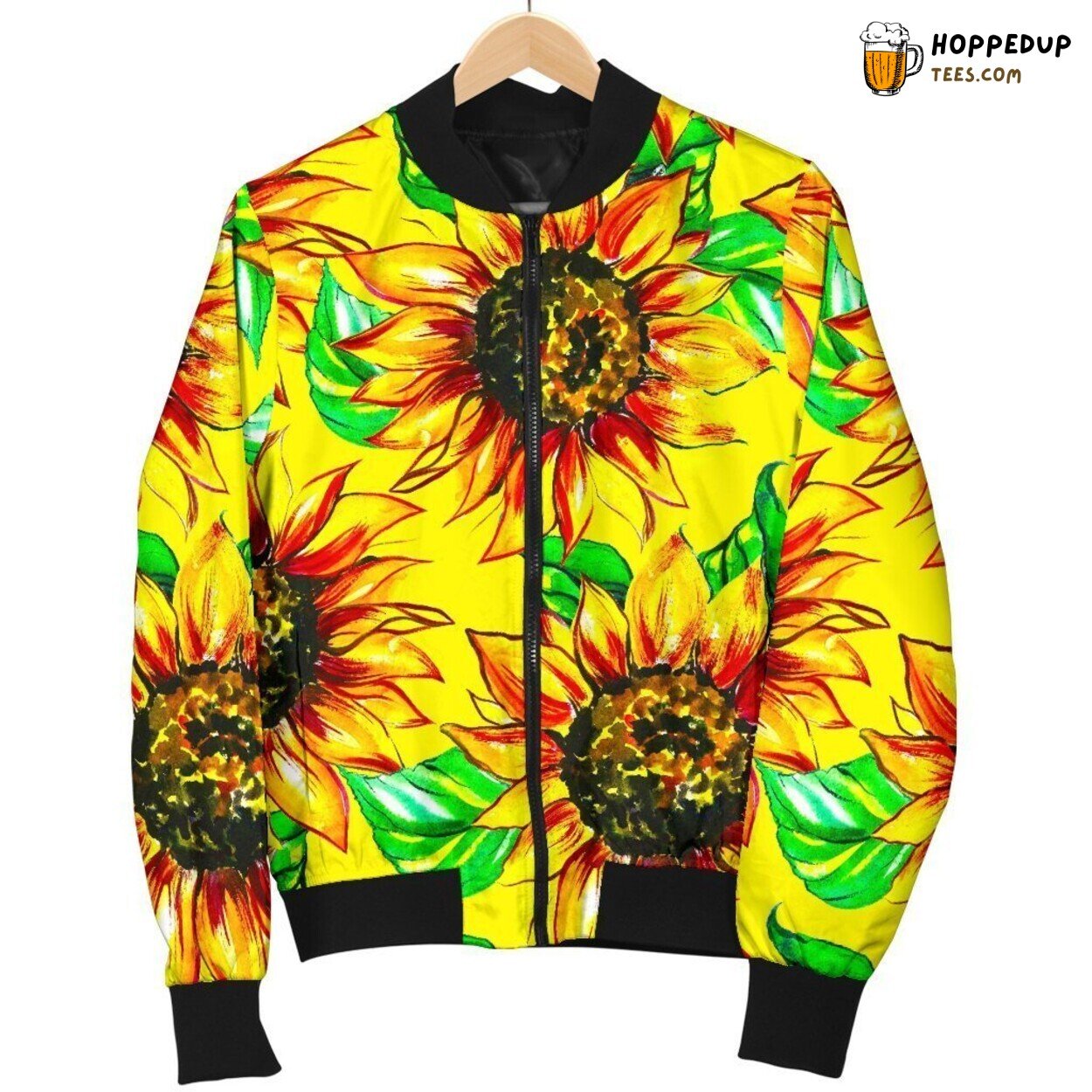 Cartoon Sunflower Brightness Men’s Bomber Jacket Floral Artistic Design Display