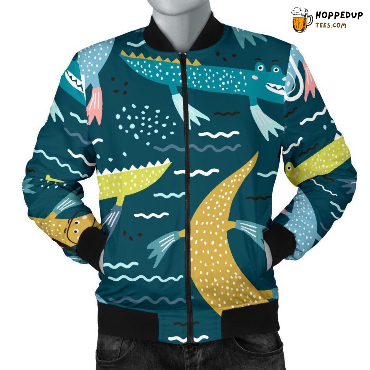 Cartooned Crocodile Play Men’s Bomber Jacket Unique Essence Pattern Design