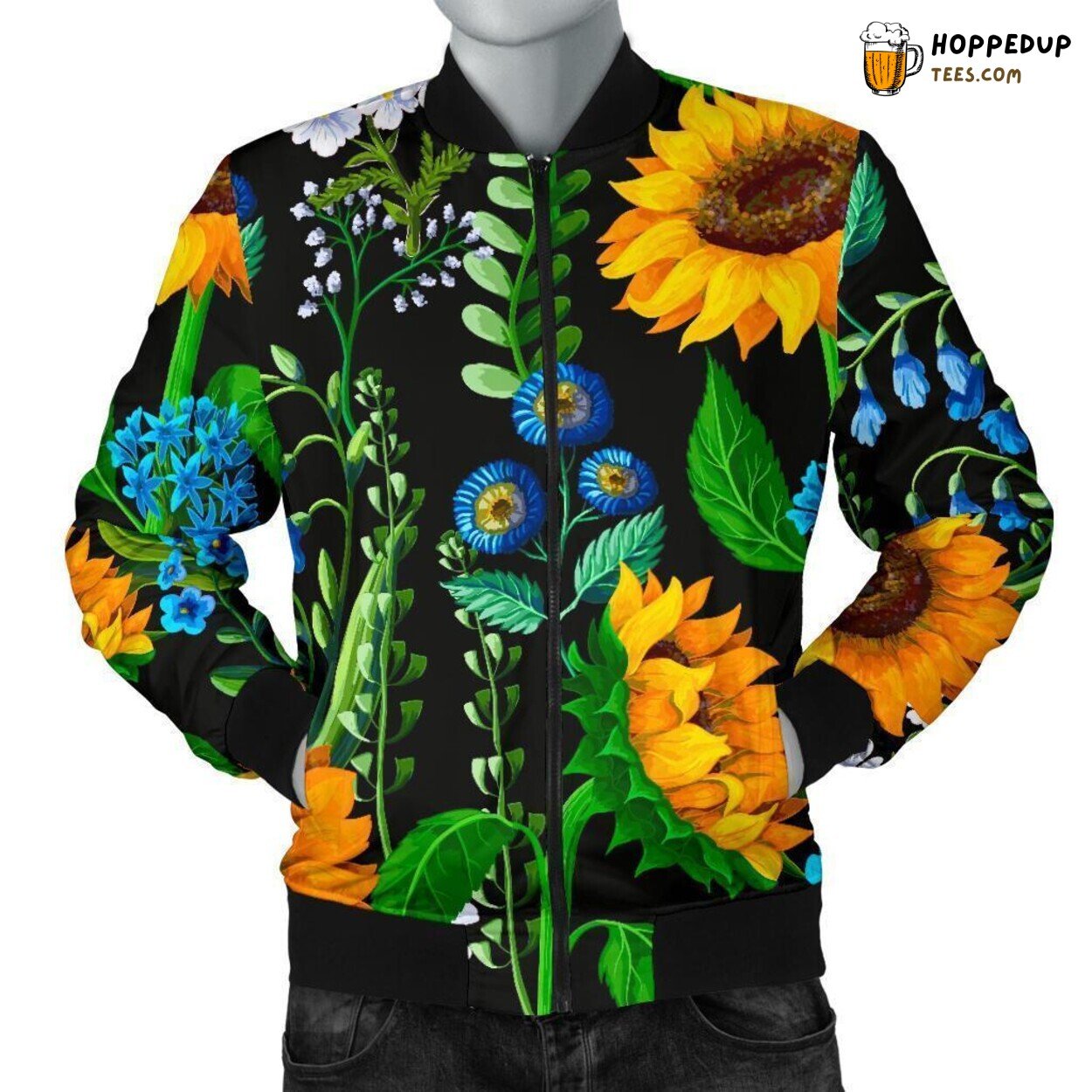Cartoonish Sunflower Delight Design Men’s Bomber Jacket Artistic Pattern Art