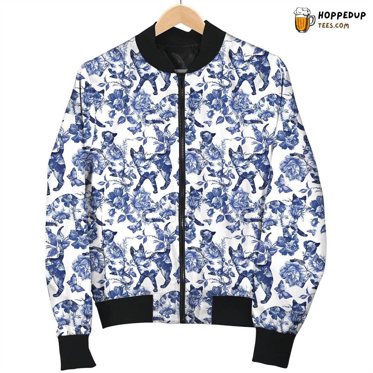 Cat Blooming Floral Bomber Jacket Feline Grace Amidst Winter Flowers