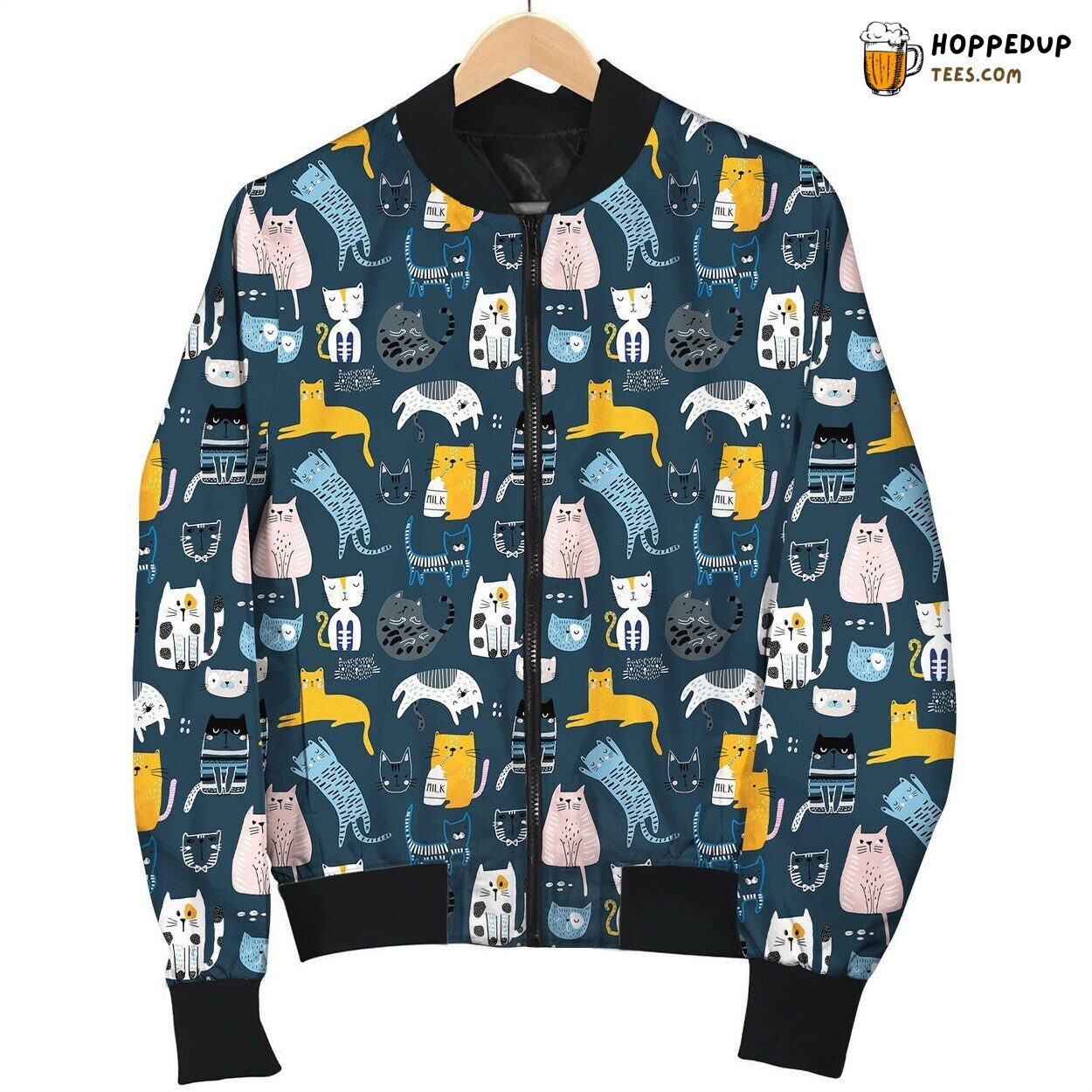 Cat On Night Scene Bomber Jacket Feline Mystique Under Winter Moonlight