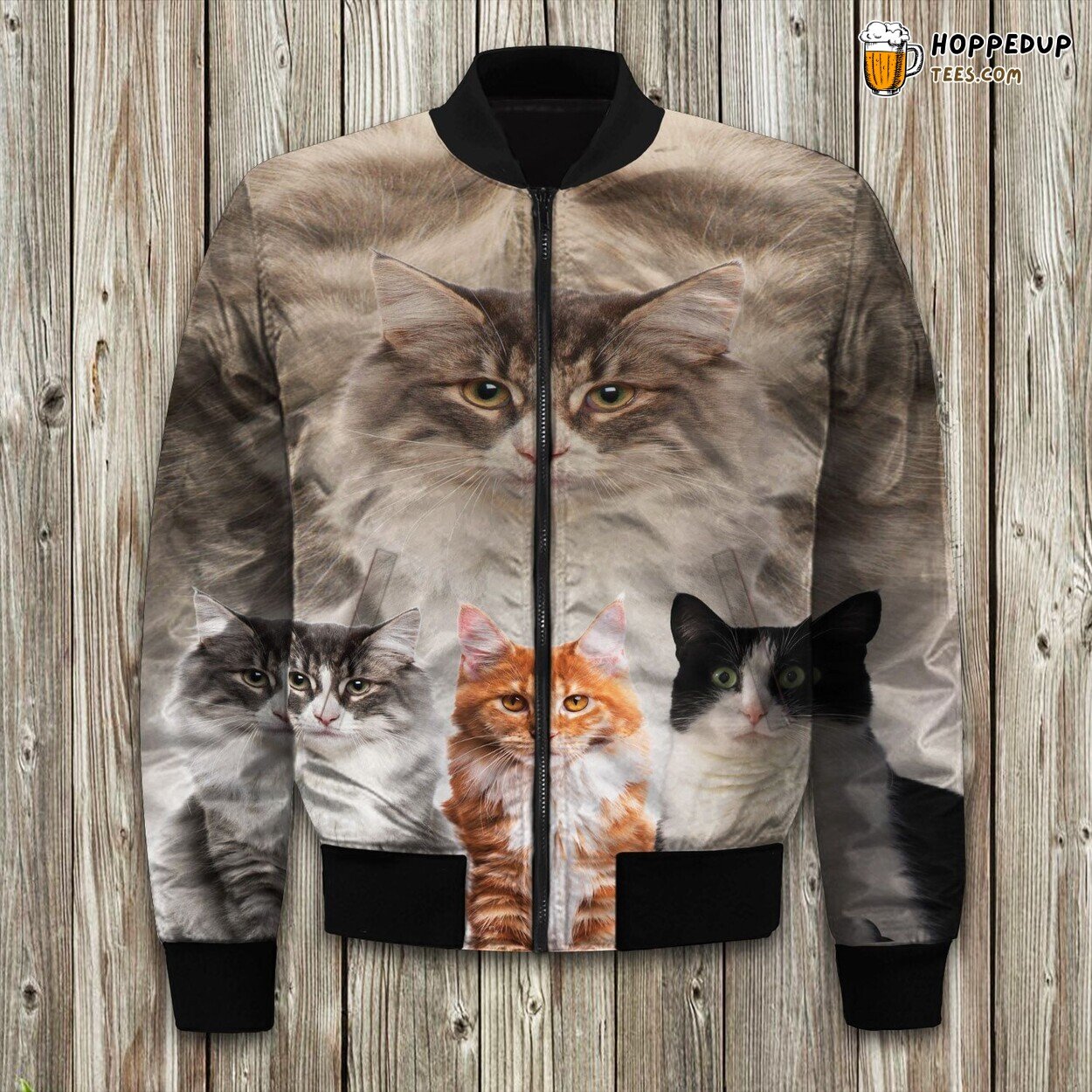 Cats in Geometric Rectangles Bomber Jacket Feline Winter Elegance in Fabric