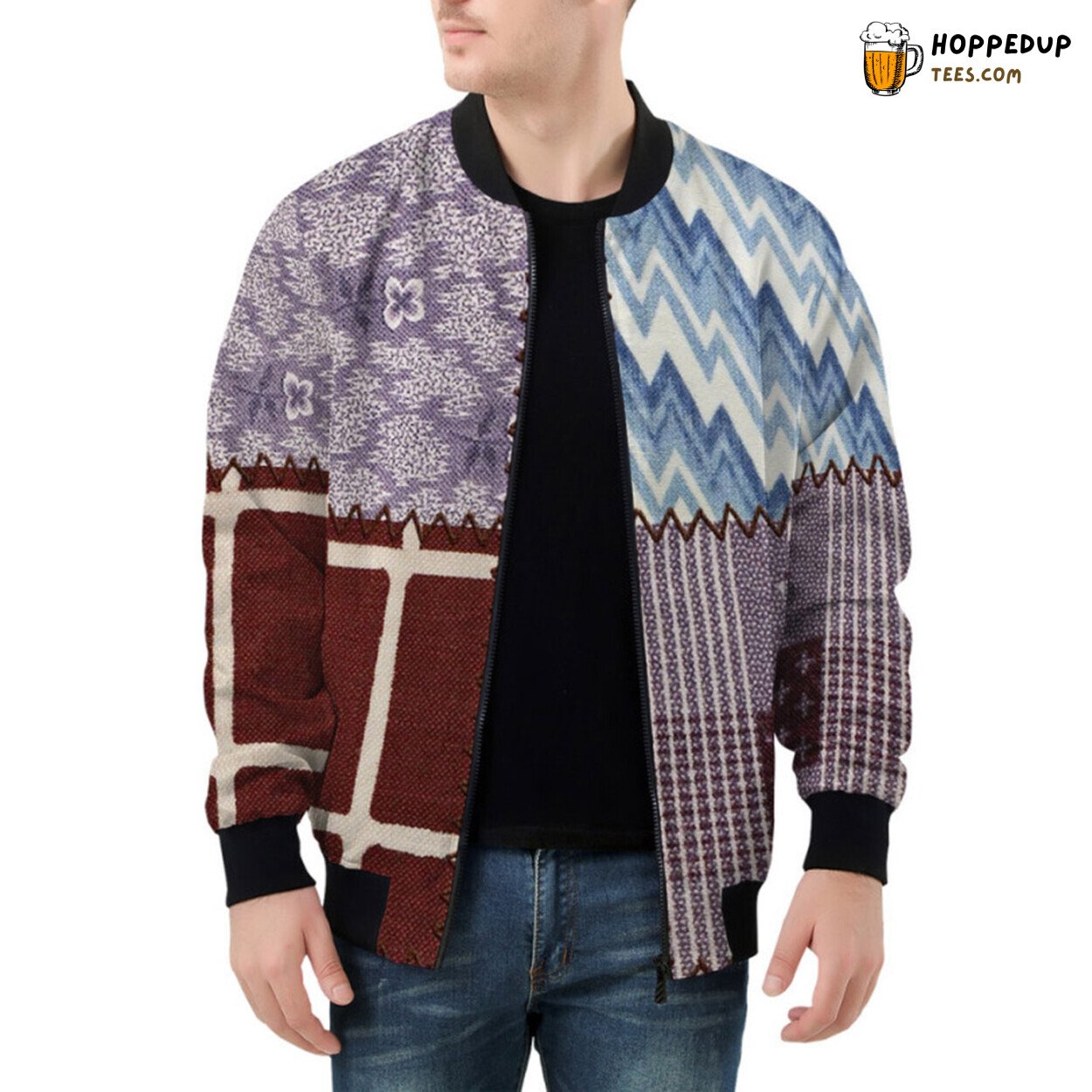Celebrating Textile Diversity Through Detailed Cloth Patchwork Bomber Jacket