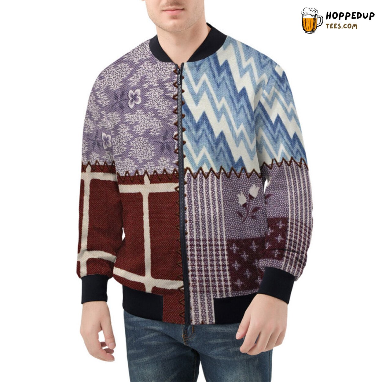 Celebrating Textile Diversity Through Detailed Cloth Patchwork Bomber Jacket