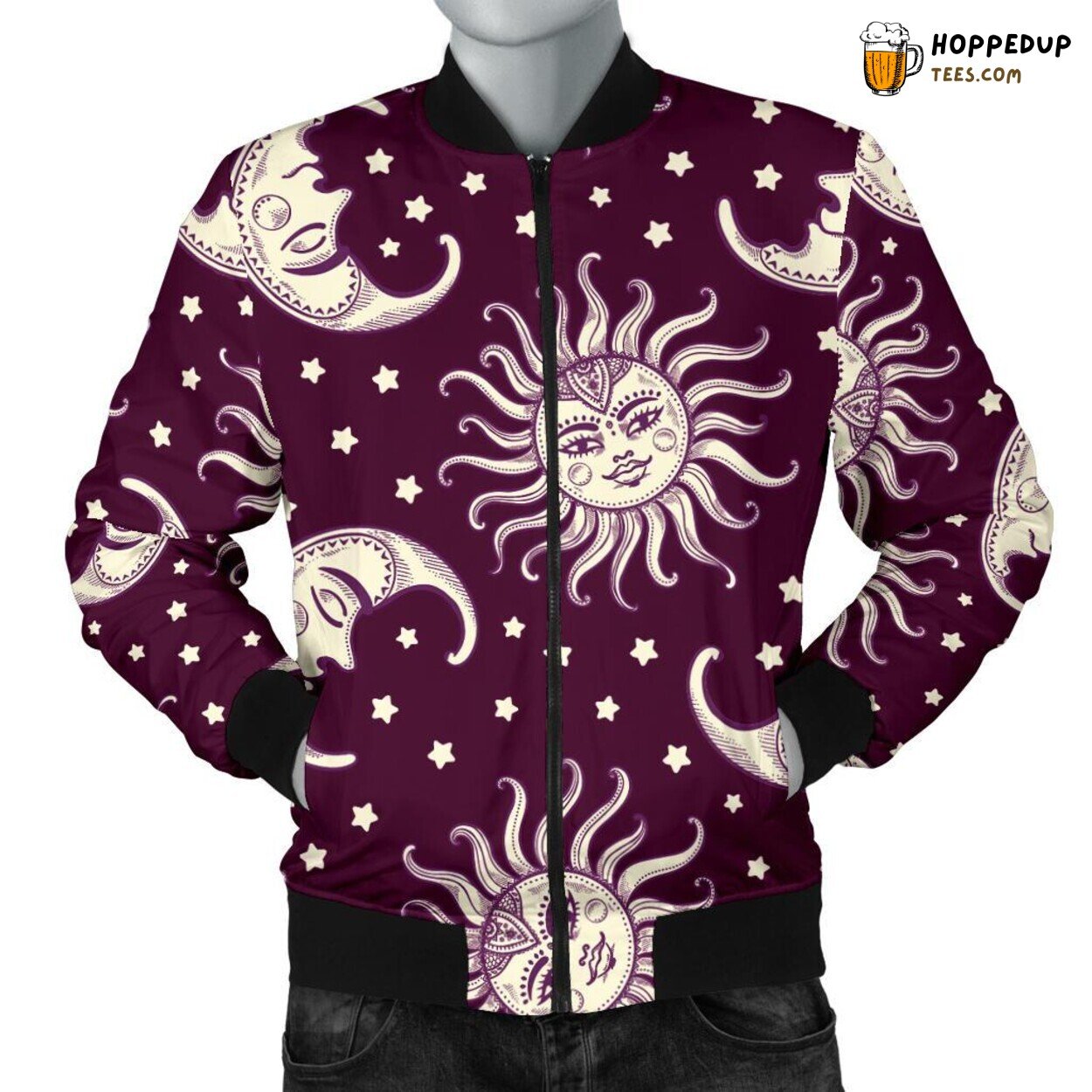 Celestial Bodies Moon Sun Men’s Bomber Jacket Unique Pattern Tribute Display