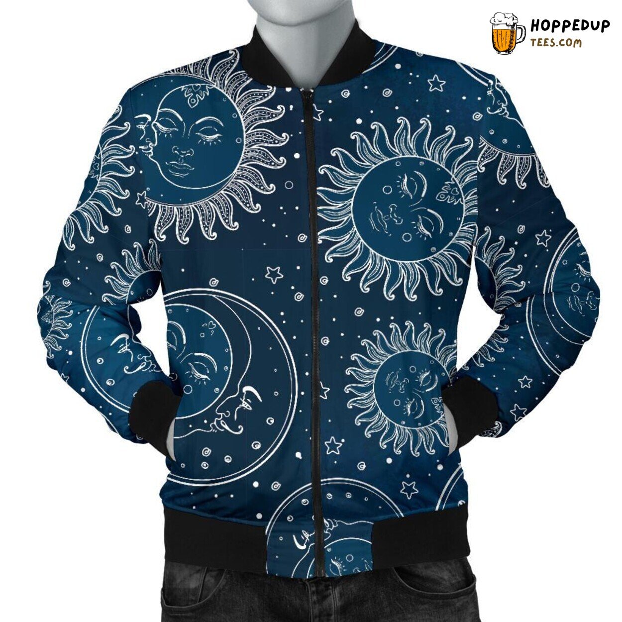 Celestial Dance of Moon Sun Men’s Bomber Jacket Unique Pattern Design Art